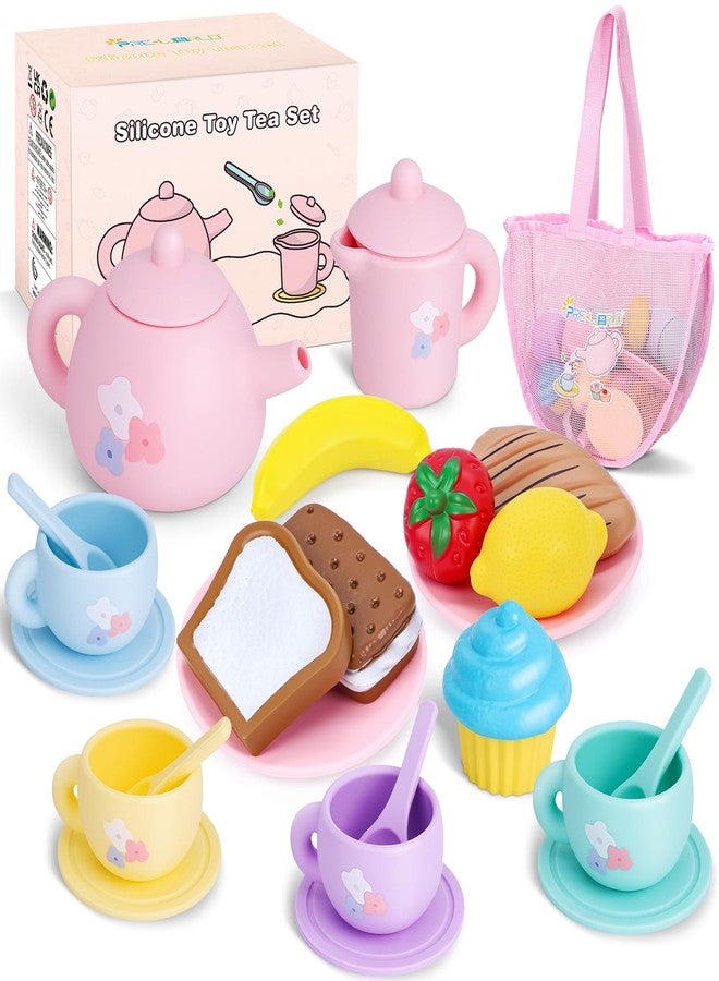 PRE-WORLD Silicone Tea Party Set for Little Girls,PRE-WORLD 27PCS Toys Toddler Tea Set with Play Food Dessert Cookies,Doughnut,Cake,Carrying Bag,Kids Kitchen Pretend Role Gifts for Girls Boys Age 3 4 5 6 - Image 1